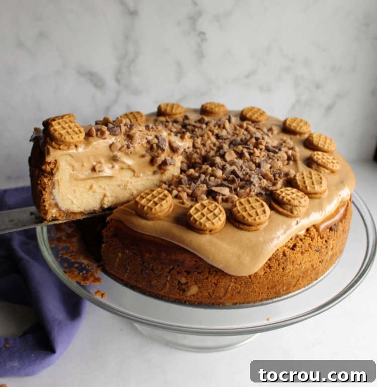 First Slice of Cheesecake lifting first slice out of peanut butter toffee cheesecake