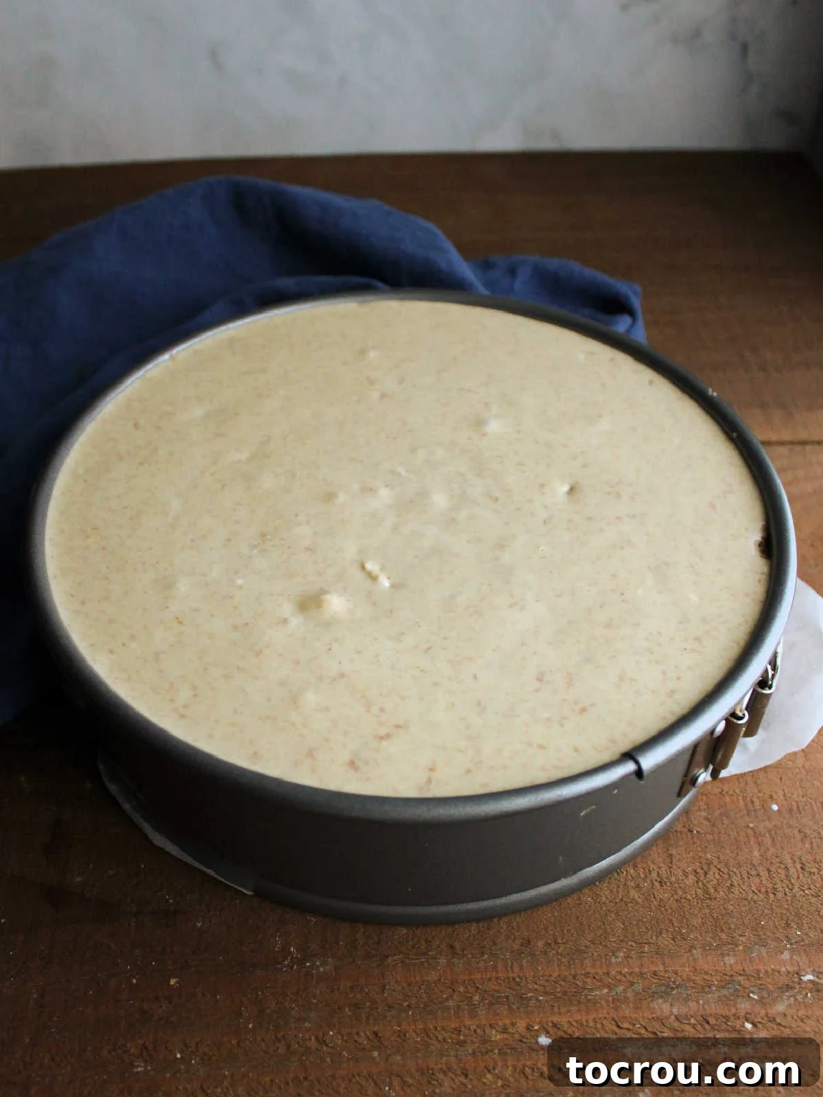 Cheesecake Ready for Baking Peanut butter cheesecake batter in springform pan, ready to go in the oven.