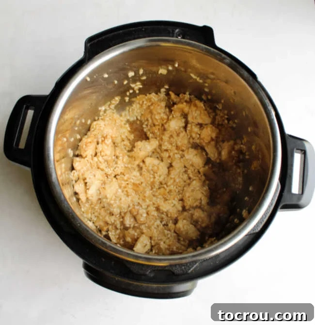 browned chicken and toasted arborio rice in instant pot ready to make risotto.
