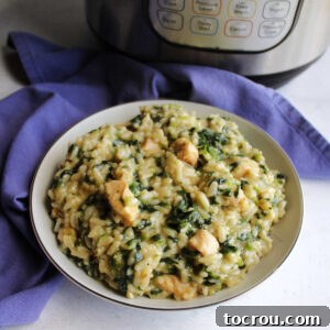 close bowl of risotto with small bits of spinach and chunks of chicken in front of Instant Pot.