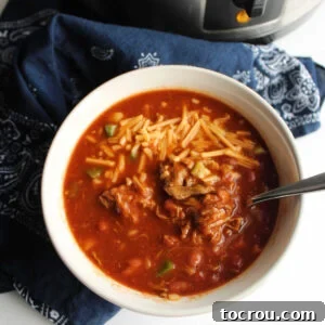 A close-up shot of a bowl of pulled pork chili, rich with beans, tomatoes, and tender meat, garnished with melted cheese, with the slow cooker visible in the background.