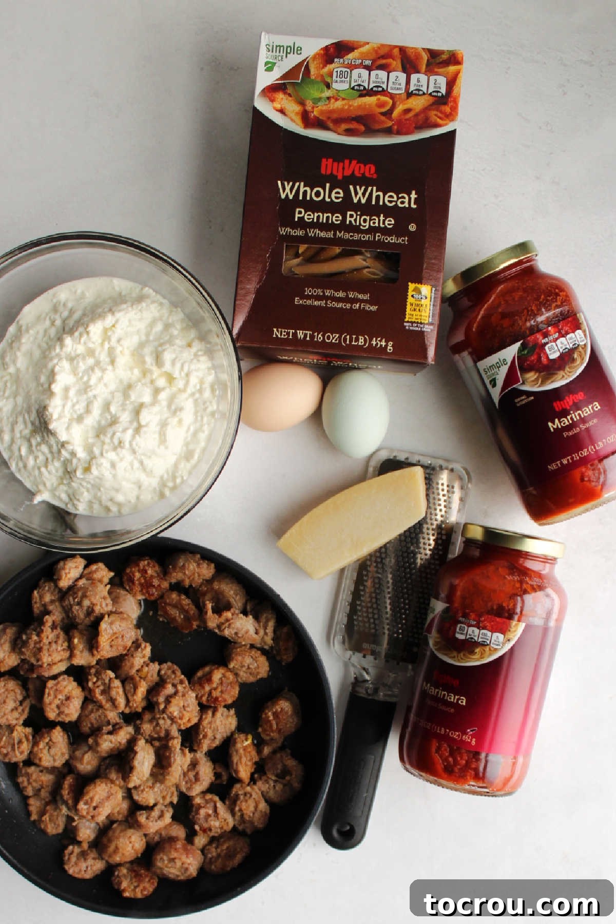 Ingredients for baked pasta ready to be put together.
