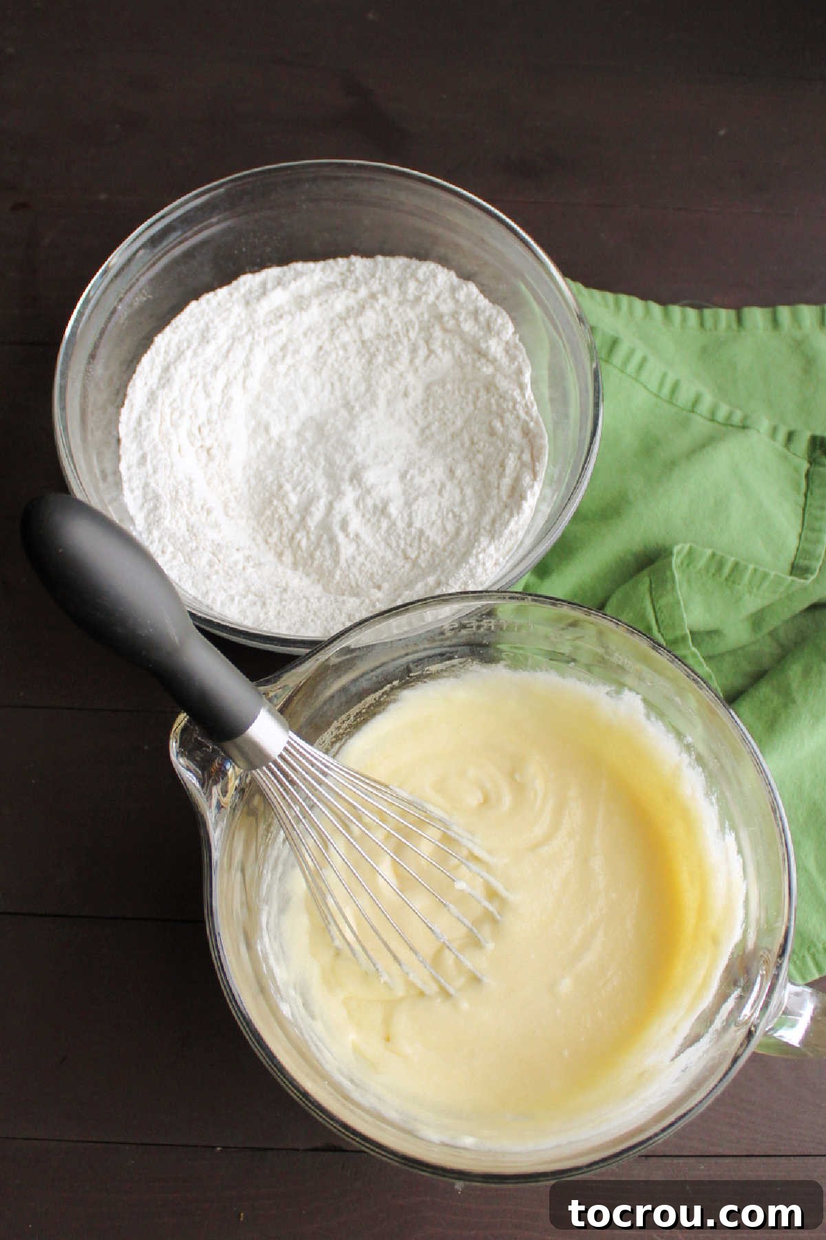 Dry Muffin Ingredients Dry ingredients prepared to be mixed into the wet ingredients for blueberry muffin batter.