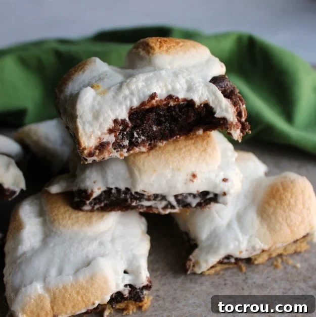 Deliciously Stacked Cake Mix S'mores Bars Stack of gooey chocolate bars with graham cracker base and toasted marshmallow on top. The marshmallows are golden brown and slightly caramelized, showcasing the irresistible texture.