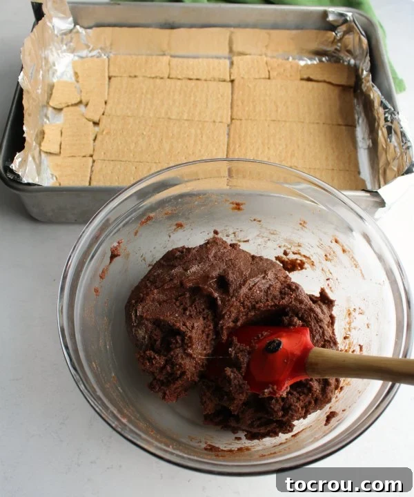 Preparing the Chocolate Cake Mix Layer Bowl of chocolate cake mix mixture with a baking pan lined with graham crackers in the background, showing the simplicity of preparation.