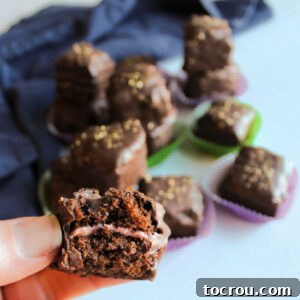 A hand holding a homemade chocolate petit four, cut to reveal layers of rich chocolate cake and delicate pink strawberry buttercream within its dark chocolate coating.