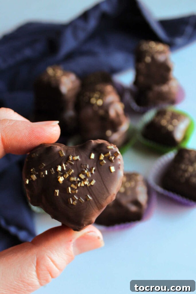 A hand carefully holds a heart-shaped petit four, elegantly dipped in dark chocolate and adorned with delicate gold sugar sprinkles, showcasing a romantic presentation.