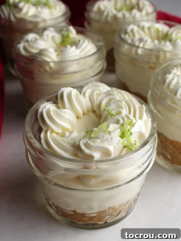 Zesty Key Lime Cheesecake Jars 10 Small glass jars showcasing layers of graham cracker crust, key lime cheesecake, and artfully piped cream cheese whipped cream on top.