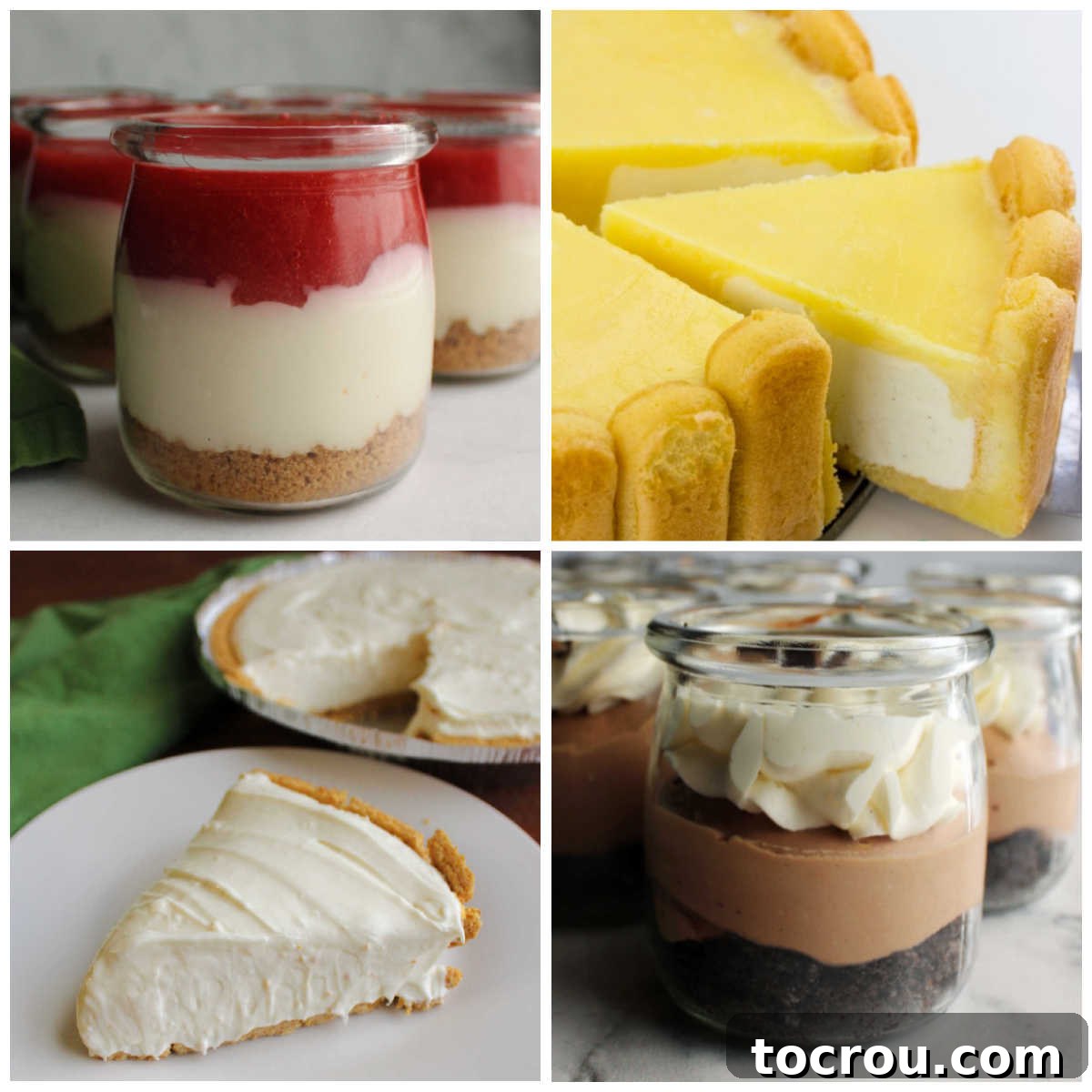 Collage of pictures of 4 different kinds of no bake cheesecakes including berry, chocolate, pumpkin, and lemon.