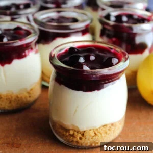 Small glass jars beautifully layered with a graham cracker crust, fluffy no-bake lemon cheesecake, and a vibrant homemade blueberry sauce.