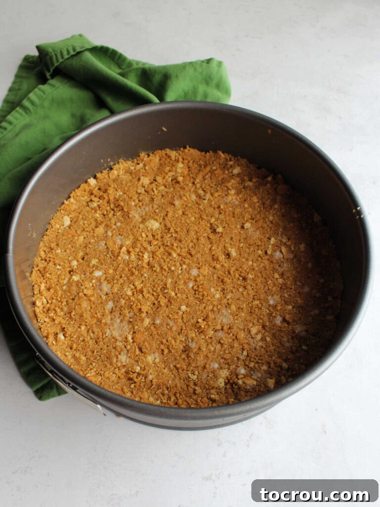 Formed graham cracker crust pressed evenly into the bottom of a springform pan, awaiting its creamy filling.