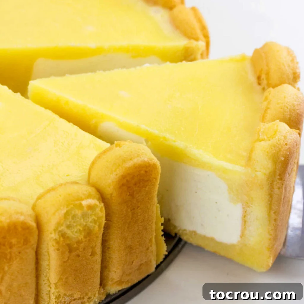 Removing a perfectly set slice of no bake cheesecake from a pan, showing off its ladyfinger crust, creamy vanilla center, and vibrant orange topping.