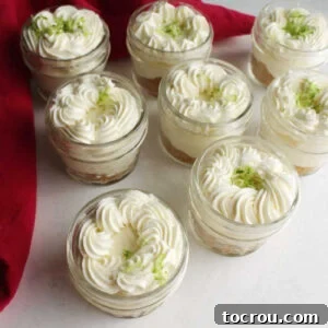 Group of small jars filled with vibrant key lime cheesecake, topped with a swirl of whipped cream and fresh lime zest.