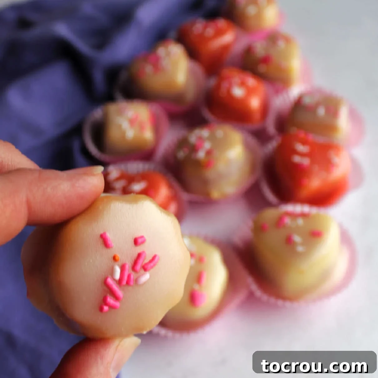 Hand holding petit four coated in white icing with pink and white sprinkles with pink and white petit fours in the background. 
