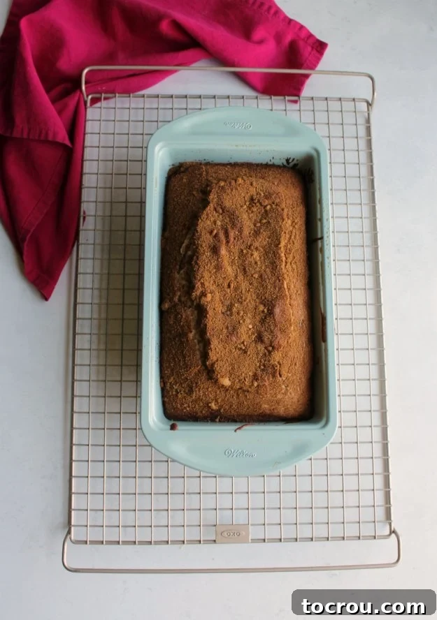 Golden-brown cinnamon bread cooling gracefully in its pan after baking to perfection. loaf of cinnamon bread in pan on cooling rack.