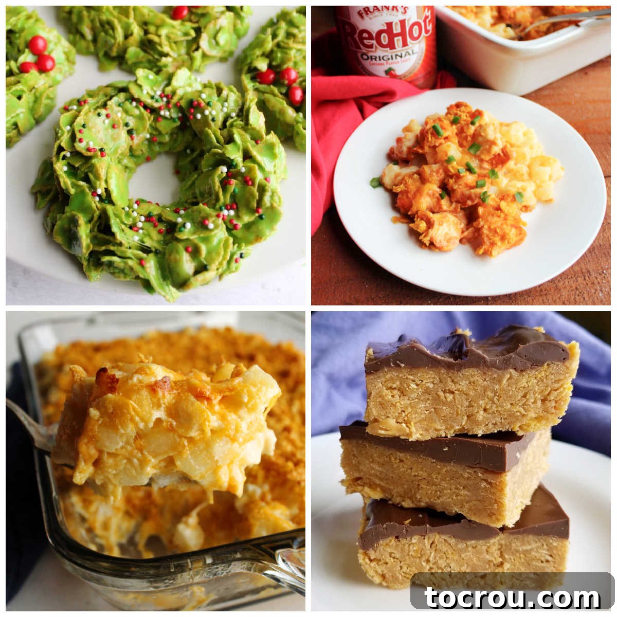 A vibrant collage showcasing diverse culinary creations featuring cornflakes, including crunchy desserts, savory casserole toppings, and sweet snack mixes.