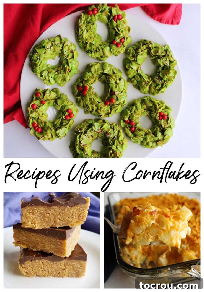 A delicious collage showcasing diverse cornflake creations, including festive cornflake wreath cookies, rich Scotcharoos, and a hearty cheesy potato casserole topped with crispy cornflakes.
