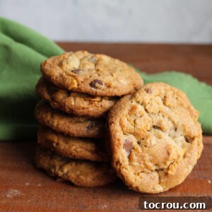 A stack of golden brown cornflake cookies, rich with chocolate chips and oatmeal, beautifully displaying their delightful texture.