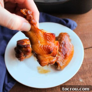 Sticky Caramelized Chicken Wings 6 Hand holding golden brown chicken wing with sticky sauce on it.