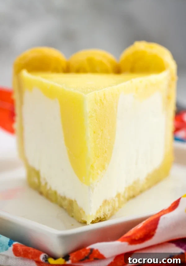looking across a slice of cheesecake with orange topping showing.