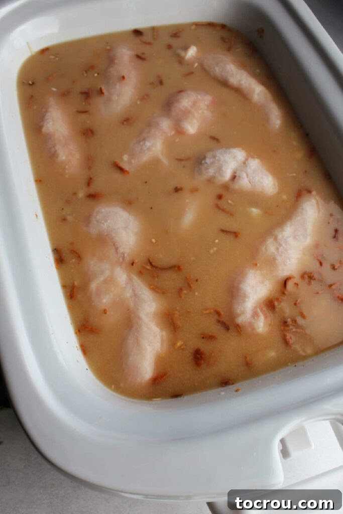 Raw chicken breasts nestled atop a creamy rice and soup mixture inside a slow cooker, ready to begin cooking.