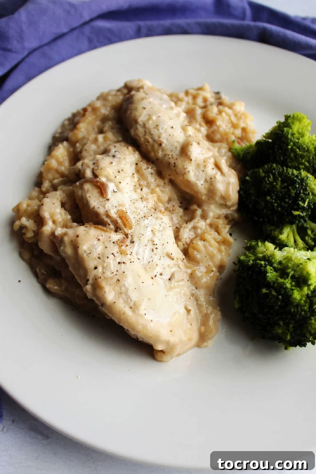 A close-up shot of creamy white rice generously topped with succulent pieces of chicken, showcasing the inviting texture of the slow-cooked meal.