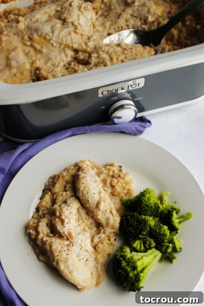 A portion of slow cooker chicken and rice served in a bowl, placed in front of the open slow cooker filled with the remaining creamy dish.