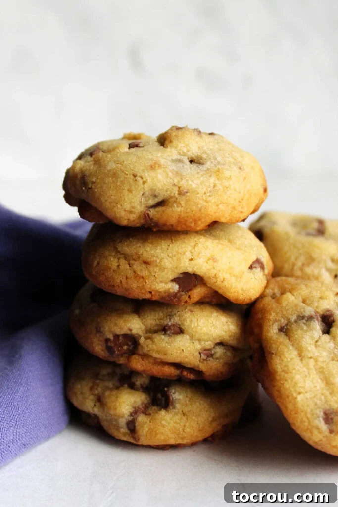 Stack of Lard Chocolate Chip Cookies Stack of thick chocolate chip cookies, showcasing their golden-brown color and soft texture.