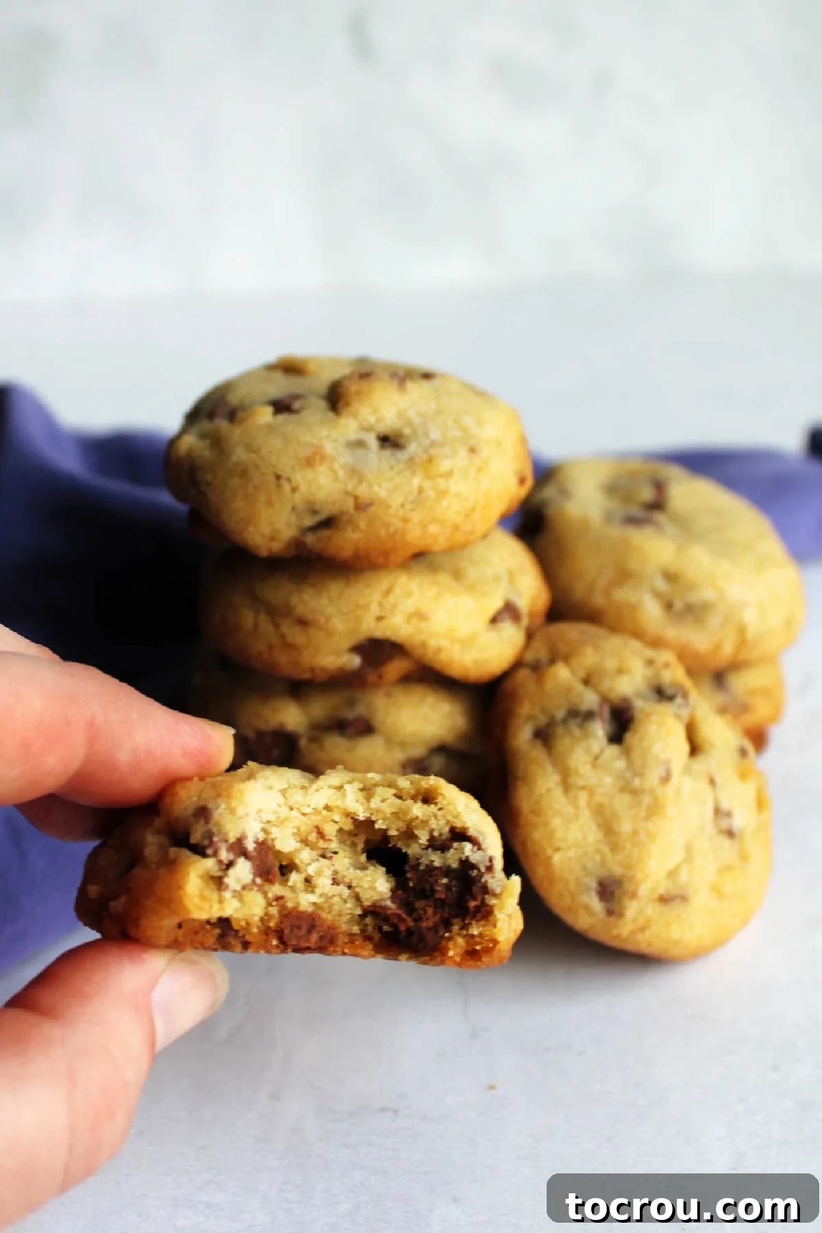 Bitten Cookie Showing Soft Center Hand holding a thick chocolate chip cookie with a bite taken out, revealing its soft and chewy center.
