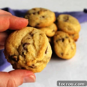 Hand holding a thick golden brown chocolate chip cookie.