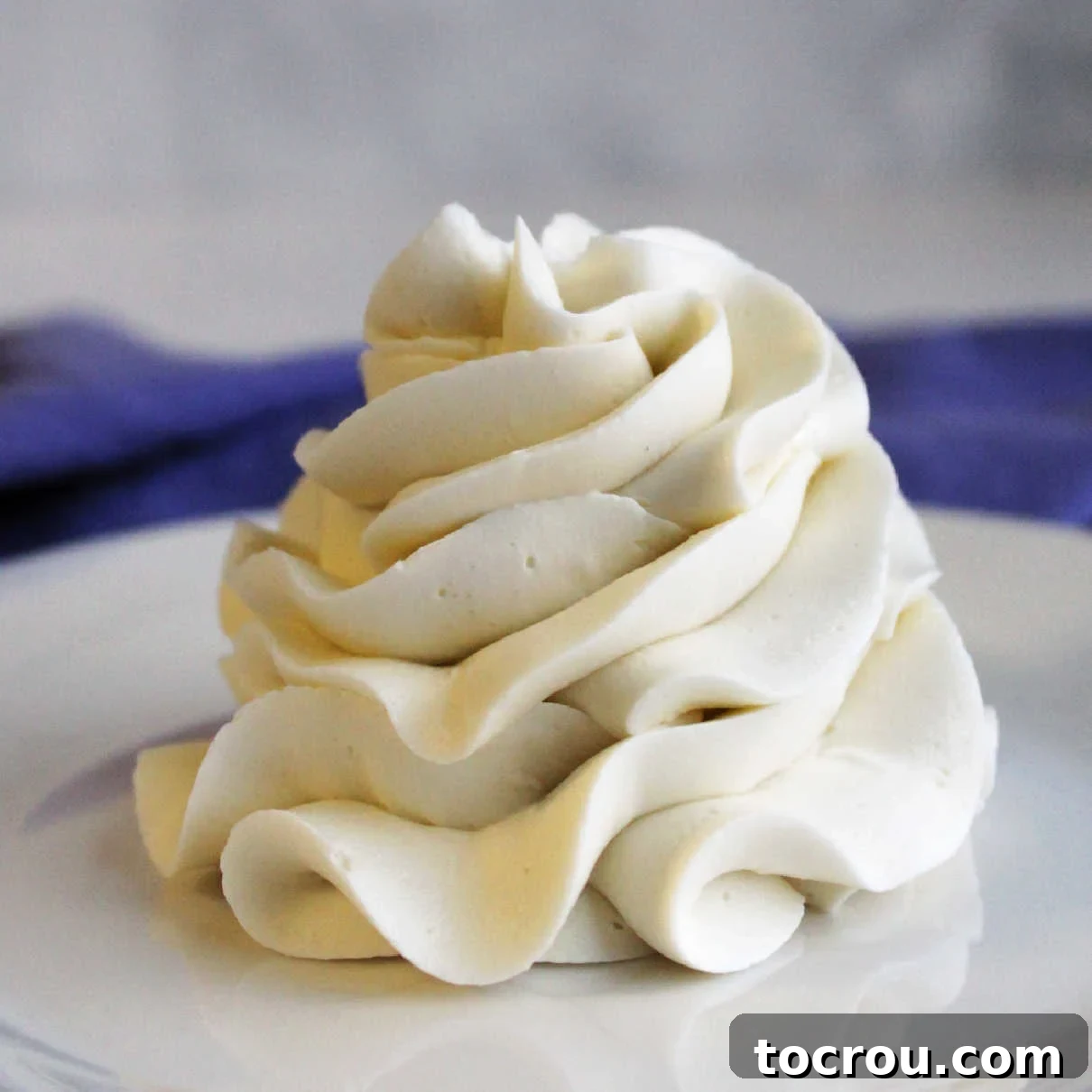 Ruffled swirl of white faux swiss meringue buttercream frosting.