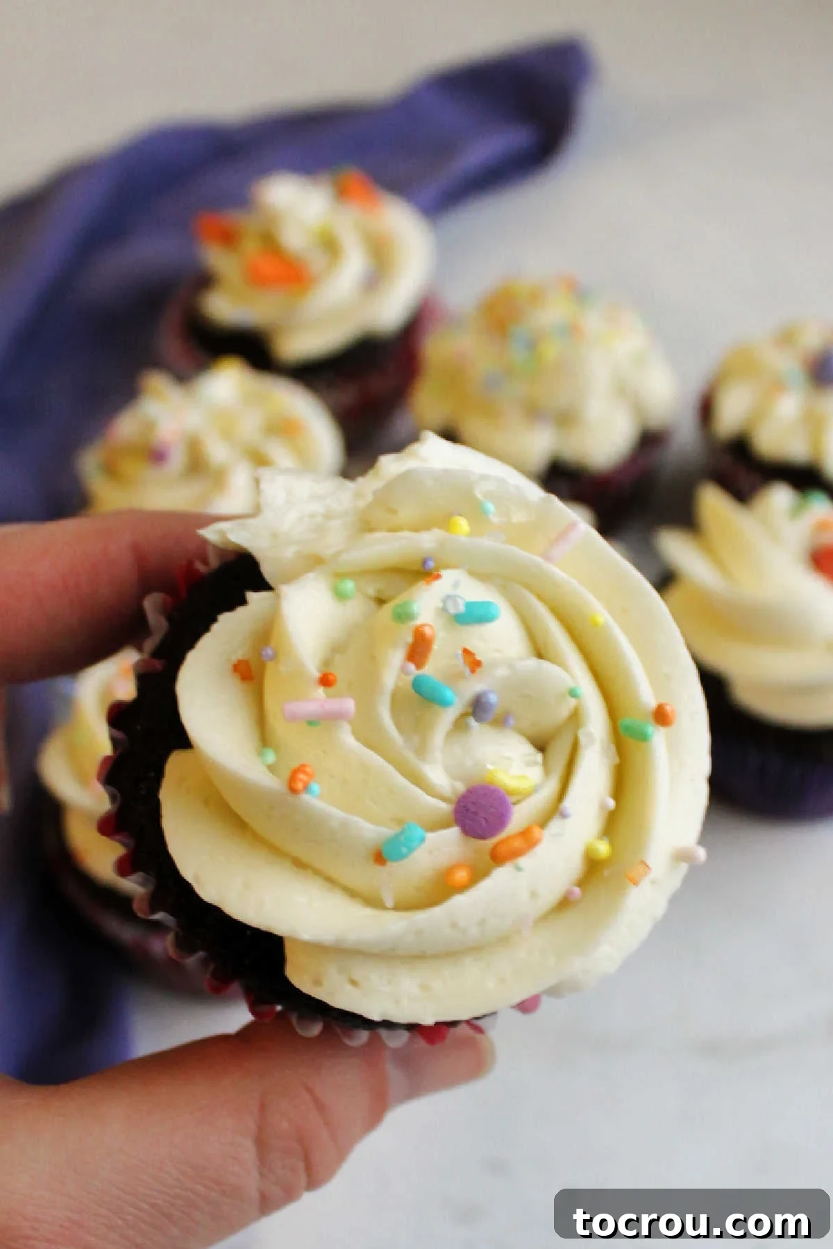 Hand holding cupcake topped with rosette of white swiss meringue buttercream frosting topped with sprinkles.