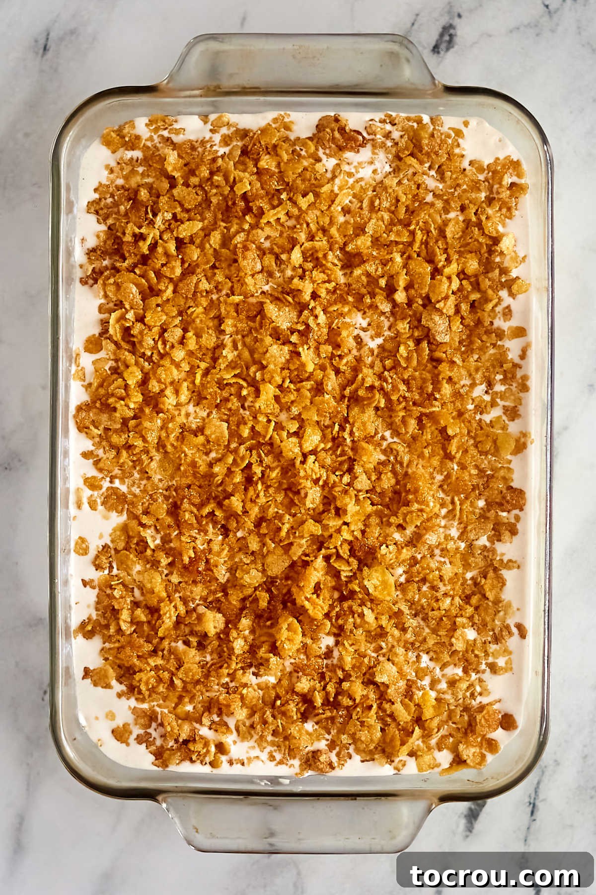 Pan of no fry fried ice cream bars featuring vanilla ice cream mixture with a bit of cinnamon inside with caramelized cornflake bits underneath and on top for crunch.