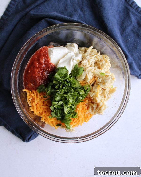 Taquito Filling Ingredients A bowl filled with the creamy chicken taquito filling ingredients, including shredded chicken, cream cheese, and spices, ready to be mixed.