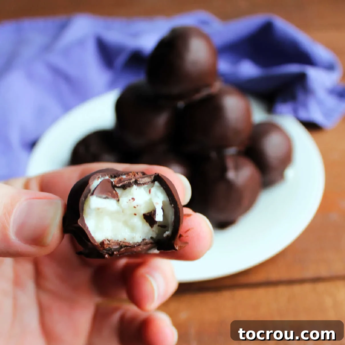 Hand holding a homemade Mounds-style truffle, showcasing its rich dark chocolate coating and the moist, white coconut center.