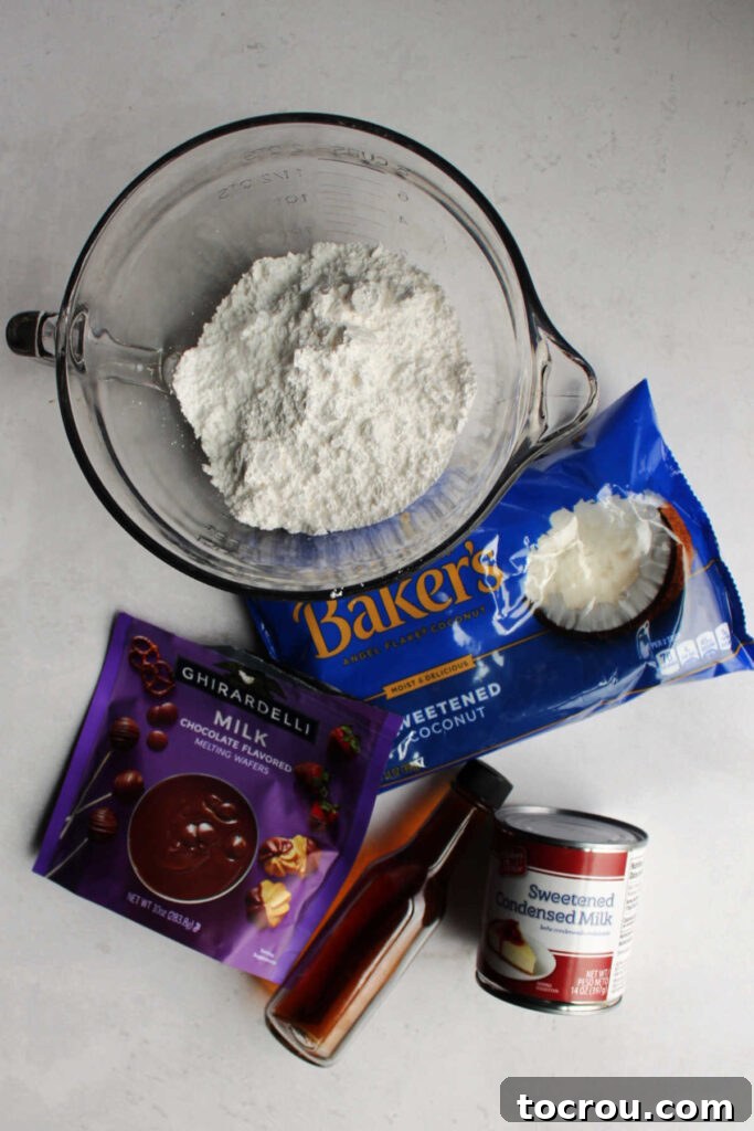A visual display of the simple ingredients required for making homemade chocolate coconut truffles, including shredded coconut, condensed milk, powdered sugar, and chocolate.