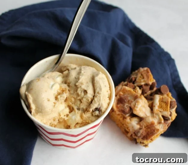 S'mores Bar with Ice Cream Cup of s'mores ice cream placed next to a freshly made no-bake s'mores bar, highlighting a perfect pairing.