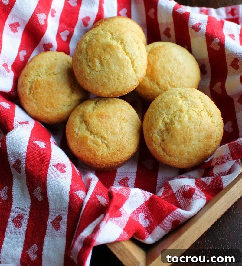 A charming basket overflowing with perfectly golden brown corn muffins, ready to be enjoyed.