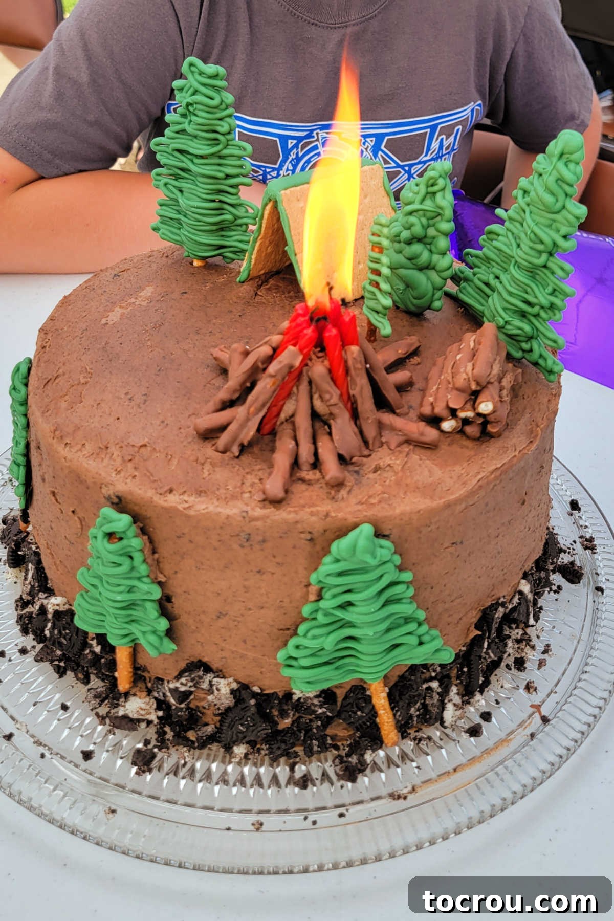 Campfire Birthday Cake Candles Close-up of birthday candles cleverly arranged to simulate a vibrant, glowing bonfire on top of a camping cake.