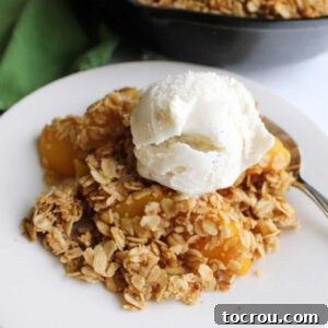 Close up of a serving of homemade peach crisp topped with a crispy oat topping and a melting scoop of vanilla ice cream, ready to be enjoyed.