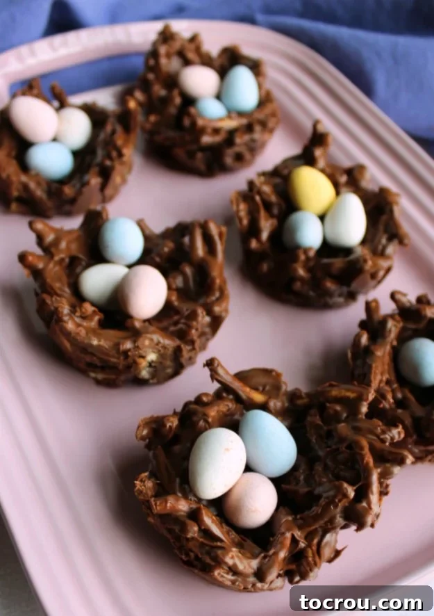 These sweet chocolaty no bake treats look like birds nests but taste like haystack candies. They are quick and easy to make and perfect for spring and Easter.