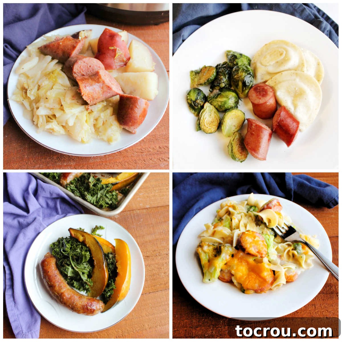 A vibrant collage of dinner plates, each showcasing a delicious kielbasa recipe, ready to inspire your next meal.