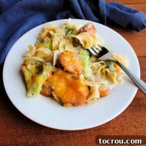 A plate generously piled high with a comforting casserole made from tender pasta, rich cheese, fresh broccoli, and savory kielbasa, bathed in gravy, with a fork ready for digging in.