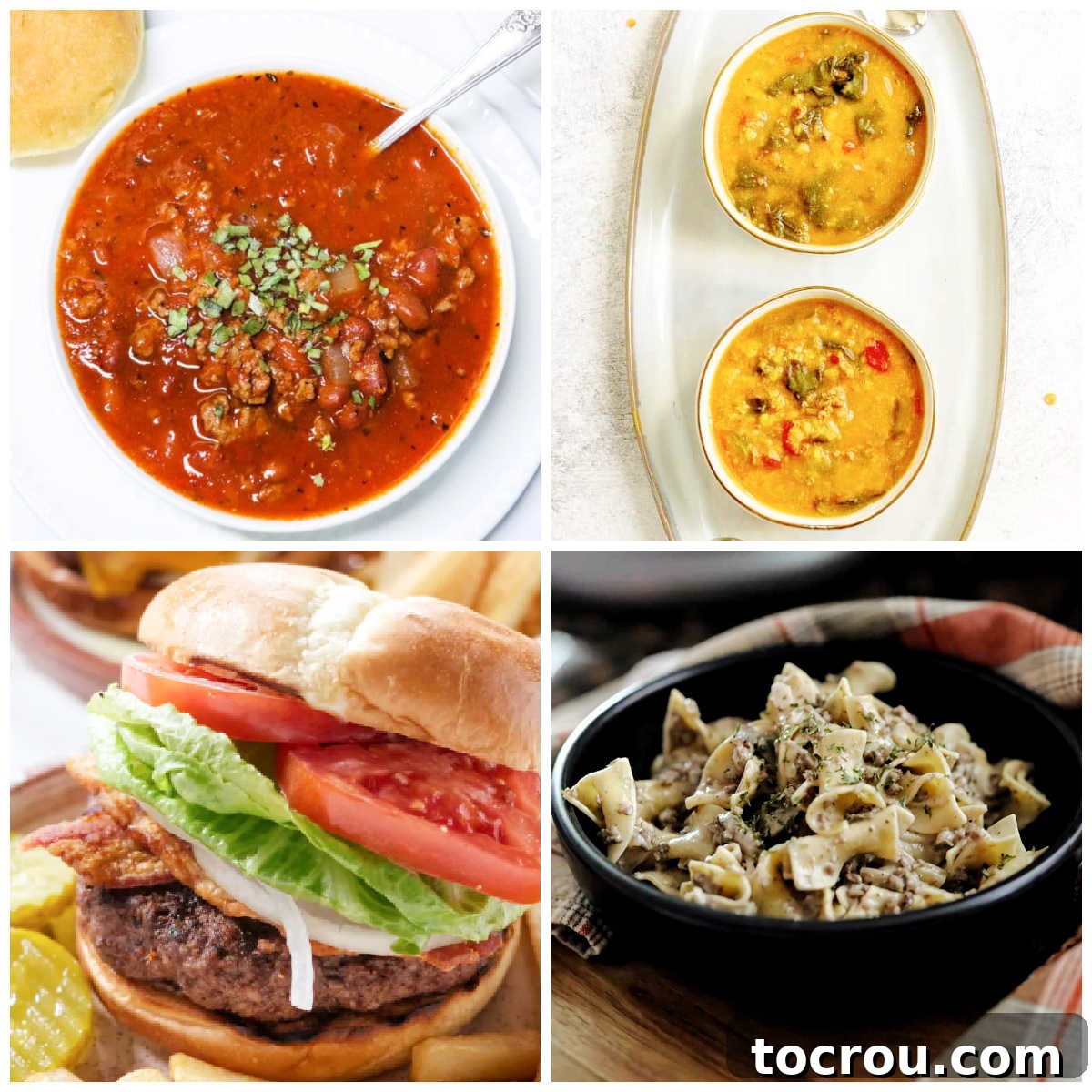 Ground Venison Gold: Irresistible Recipes 2 Collage of recipes using ground deer meat like venison chili, venison burger, venison stroganoff and venison lentil stew.