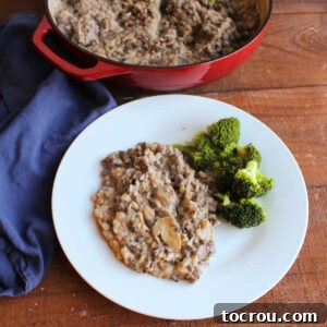 Dinner plate with creamy rice with venison and mushrooms served with steamed broccoli.