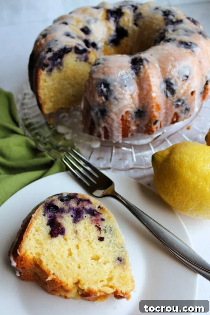 Lemon Blueberry Bliss Bundt 3 A delectable slice of lemon blueberry cake on a plate with a fork, showing the vibrant blueberries throughout the cake.