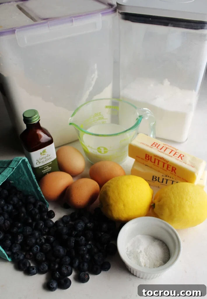 Lemon Blueberry Bliss Bundt 4 Fresh ingredients, including lemons and blueberries, laid out on a counter, ready to be incorporated into a lemon blueberry cake.