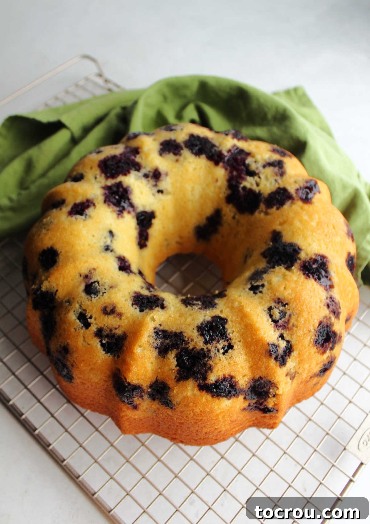 Lemon Blueberry Bliss Bundt 8 A cooling lemon blueberry Bundt cake resting on a wire rack, allowing it to cool evenly.