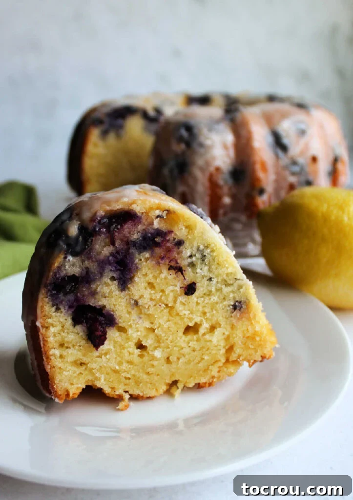 Lemon Blueberry Bliss Bundt 10 A striking slice of lemon blueberry Bundt cake standing proudly on a dessert plate, showcasing abundant blueberries.