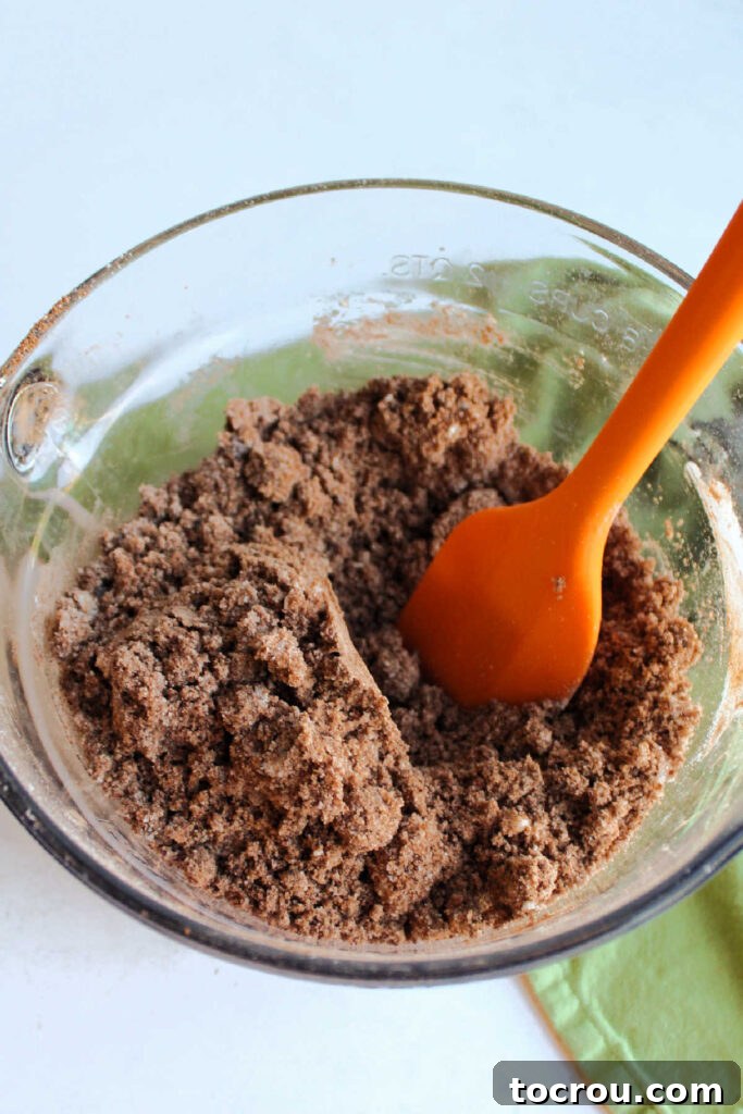 Crumbly mixture of sugar, oil, flour, cocoa powder, etc. waiting for zucchini to be added to the chocolate cake batter.